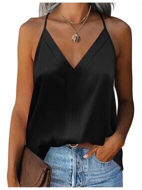 Women's Black Sleeveless V Neck Silk Satin Causal Pull On Blouse Tank Tops